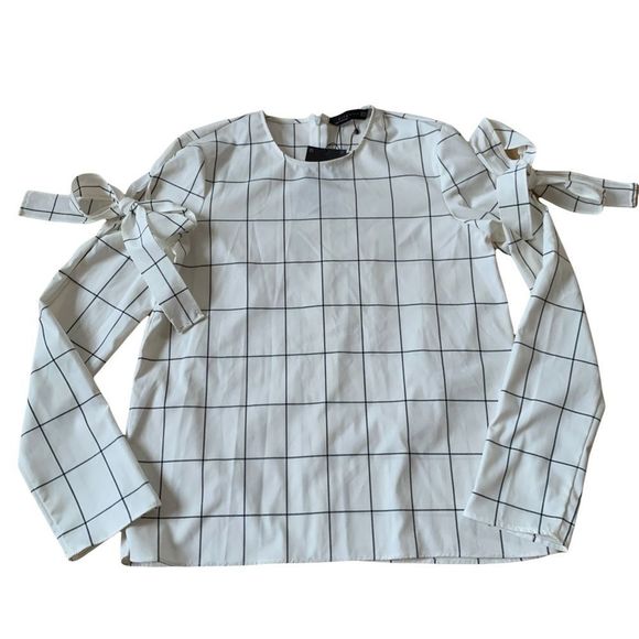 New Zara Plaid White and Black long sleeve top size xsmall - Picture 1 of 8